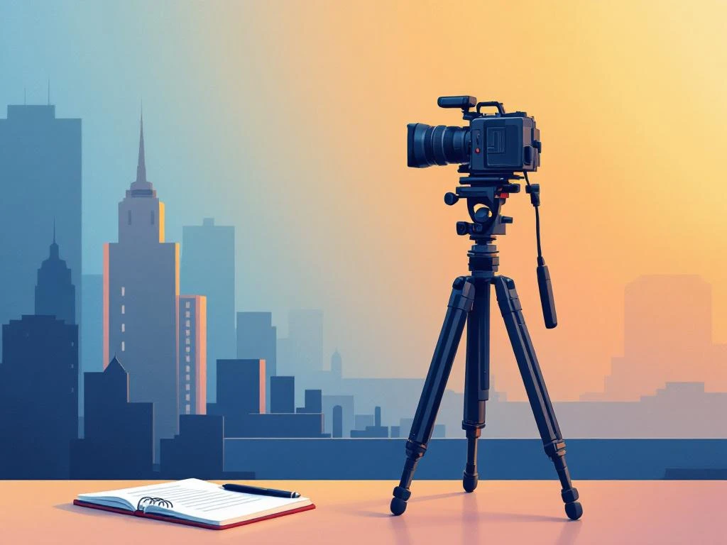 Professionele camera op statief met notitieblok tegen gradiënt achtergrond, minimalistische journalistieke illustratie