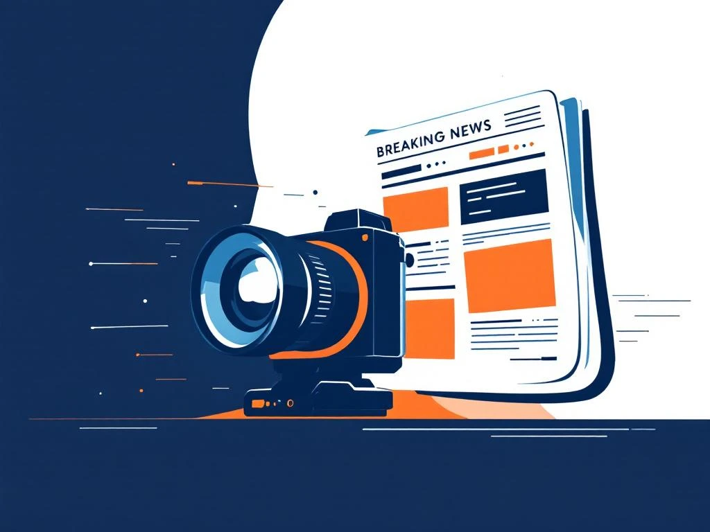 Gestileerde camera met prominente lens fotografeert dynamische krantenlayout met geometrische vormen in marineblauw en oranje


---

**Explanation of approach (not part of alt text):**
- Started with main subject (camera)
- Included key visual elements (newspaper, geometric shapes, colors)
- Stayed under 125 characters
- Used natural Dutch phrasing
- Avoided "afbeelding van" or similar phrases
- Maintained accessibility while being descriptive