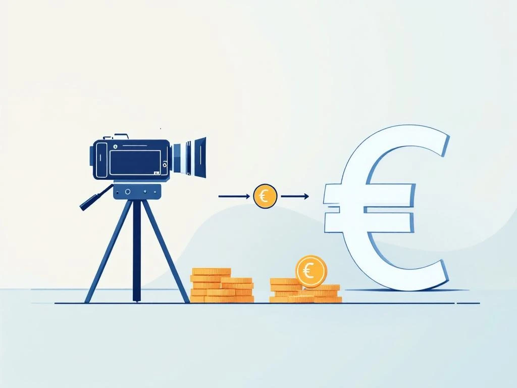 Professionele camera verbonden met euromunten via pijl, minimalistische illustratie over nieuwsfotografie kosten