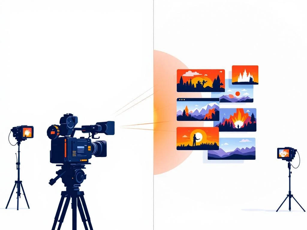 Gesplitst scherm met dynamische nieuwsfotografie links en geordende stockfoto's rechts in marineblauw en oranje