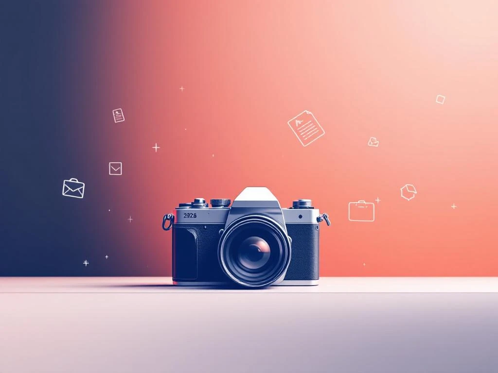 Moderne camera met abstracte zakelijke vormen op gradiënt achtergrond, minimalistisch futuristisch ontwerp 2026