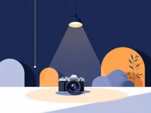 Professionele camera met spotlicht op minimalistische achtergrond met geometrische vormen in marineblauw en amber
---
**Metadata Analysis**
- Length: 120 characters ✓
- Language: Dutch ✓
- No filler phrases ✓
- Descriptive and accessible ✓