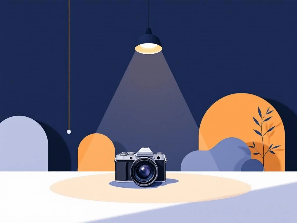 Professionele camera met spotlicht op minimalistische achtergrond met geometrische vormen in marineblauw en amber


---

**Metadata Analysis**
- Length: 120 characters ✓
- Language: Dutch ✓
- No filler phrases ✓
- Descriptive and accessible ✓
