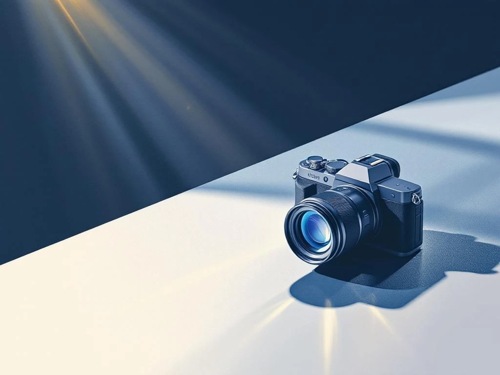 Professionele camera in minimalistisch ontwerp met marineblauw, goud en wit, met geometrische lichtstralen