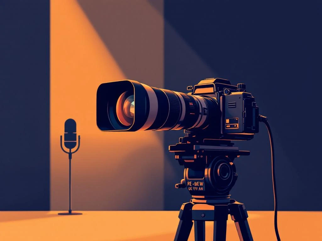 Professionele camera met telelens in minimalistisch nieuwskamerontwerp met navy en amber achtergrond