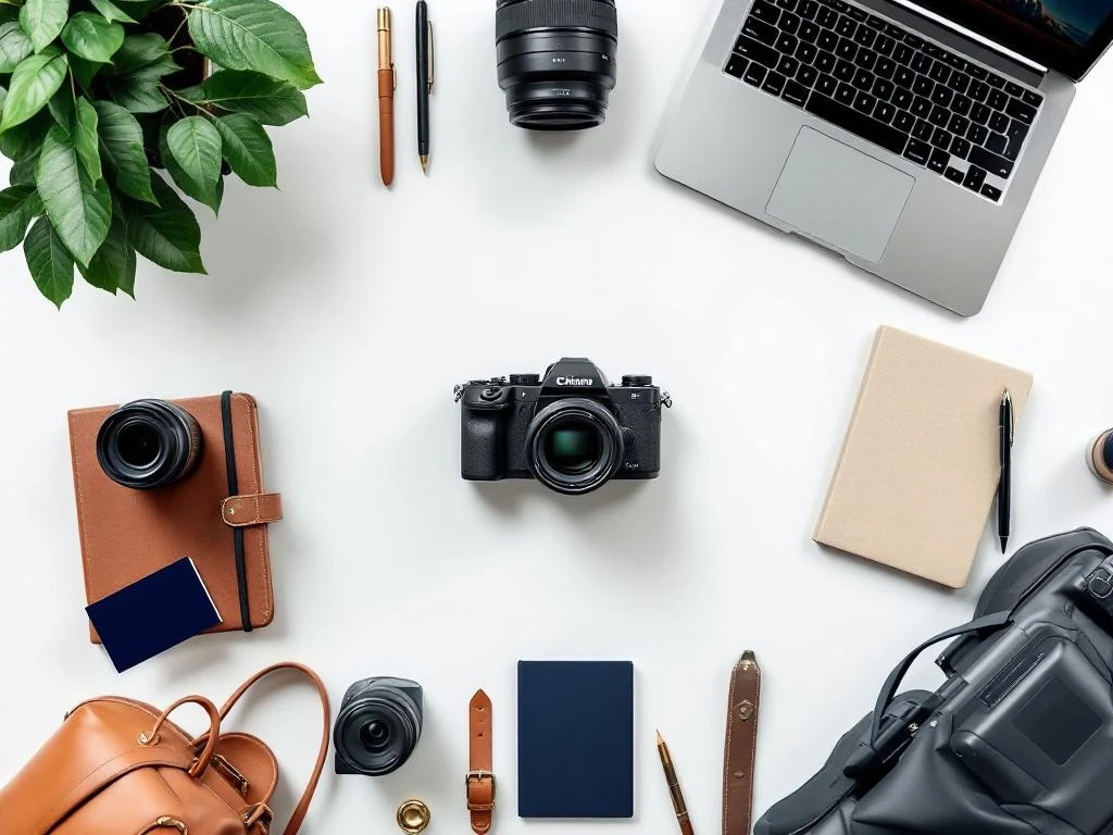 Professionele fotografie-apparatuur symmetrisch gerangschikt op wit oppervlak met camera, lenzen en laptop