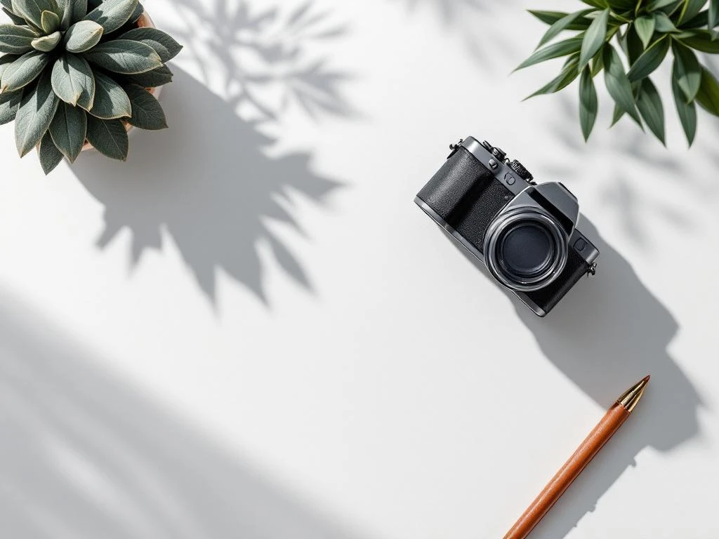 Professionele camera met leren portfolio op witte achtergrond voor zakelijke fotografie diensten