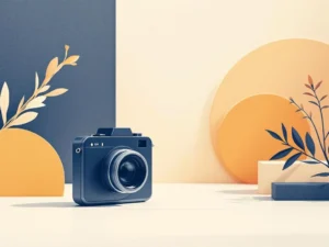 Gestileerde camera met zwevende portfolio-afbeeldingen in marineblauw, amber en crème tinten voor professionele fotografie