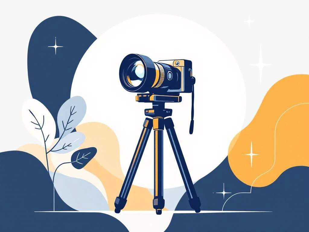 Moderne camera op statief in minimalistische stijl met geometrische vormen, navy blauw en amber tinten