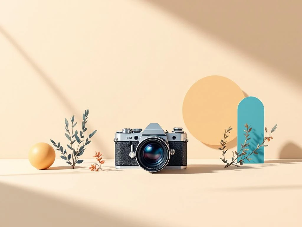 Vintage camera met scherpe lens in focus, dramatische belichting, geometrische vormen in blauw en amber tinten