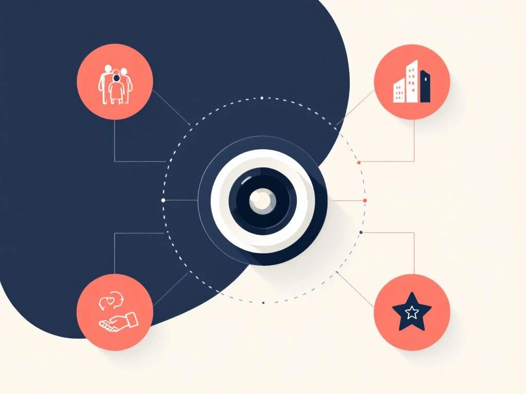 Camera-icoon omringd door zes geometrische symbolen voor employer branding in marineblauw en koraal op witte achtergrond