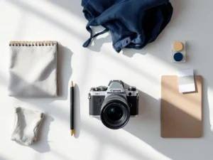 Platte compositie van zakelijke fotografie voorbereiding met camera, notitieblok, kleding en kleurenstalen op wit oppervlak