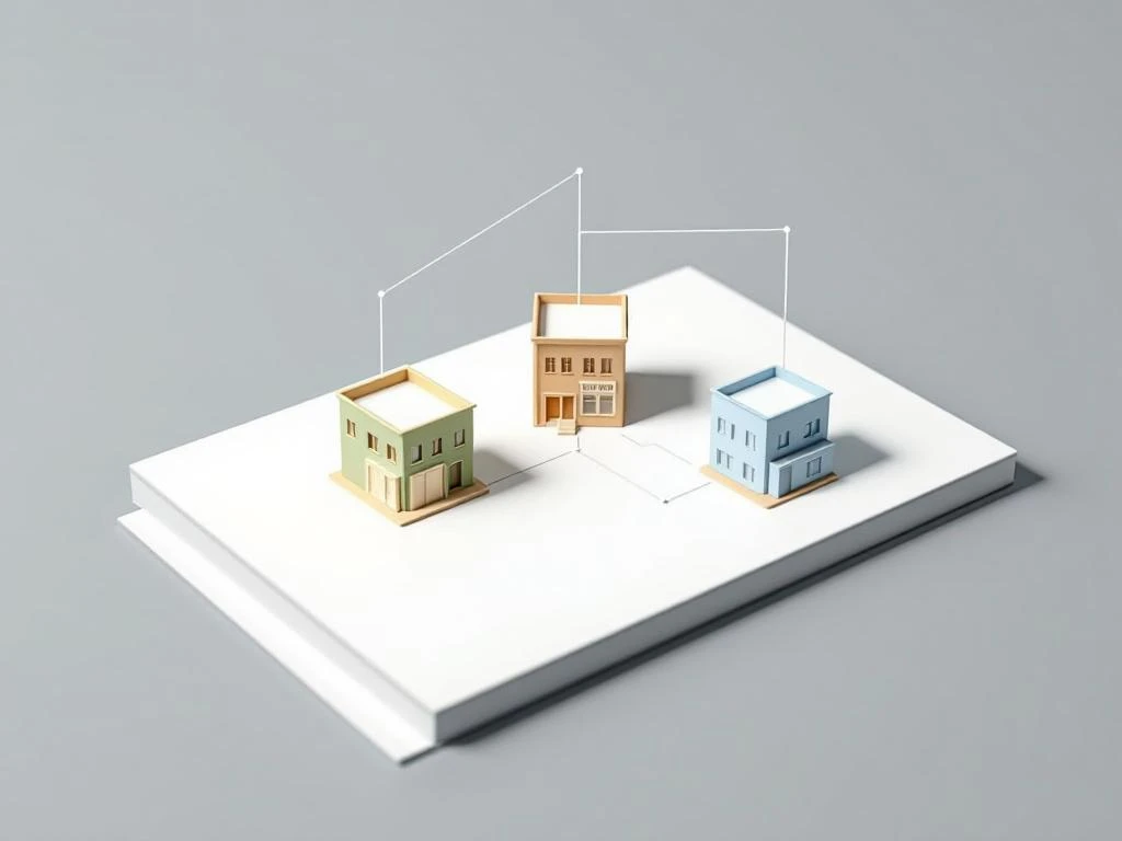 Drie minimalistische architectuurmodellen in groen, beige en blauw gerangschikt in driehoeksvorm met camera erboven