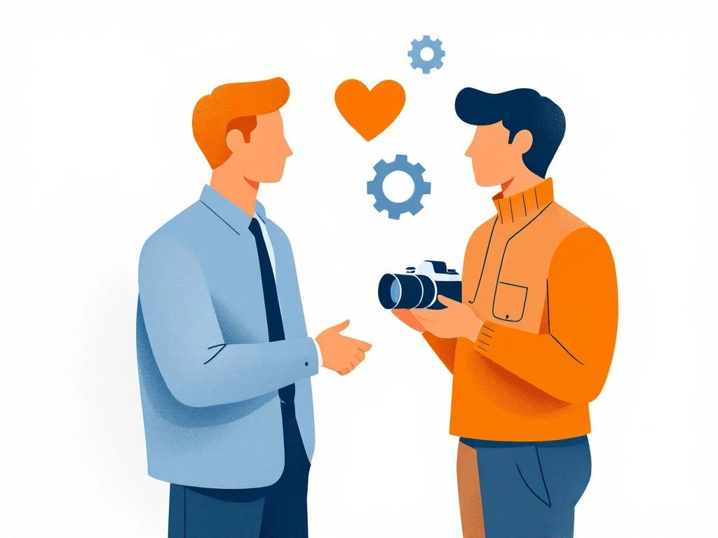 Zakenpersoon en fotograaf in gesprek met pictogrammen voor bedrijfscultuur: handdruk, hart en tandwiel op witte achtergrond