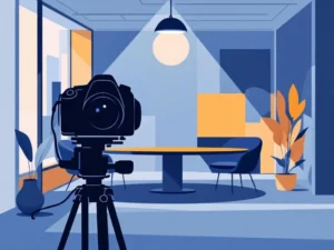 Camera silhouet met geometrische kantooromgeving in blauw en grijs, minimalistisch bedrijfsfotografie ontwerp