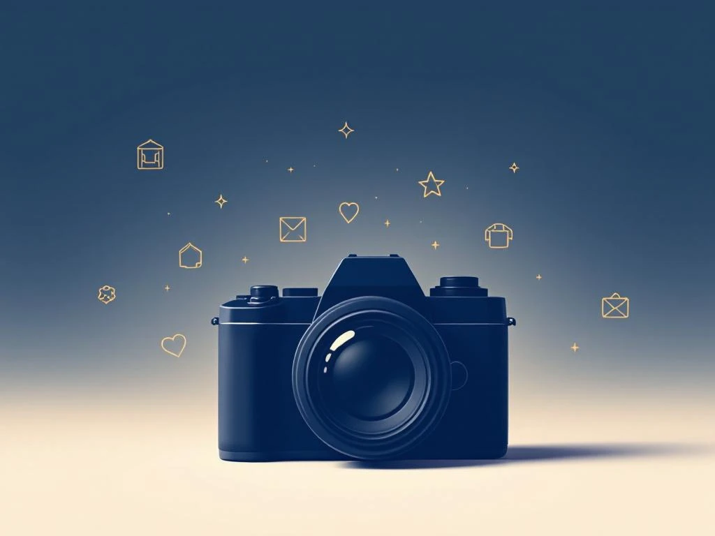 Moderne camera silhouet in marineblauw met acht gouden iconen voor zakelijke fotografie diensten op crème achtergrond