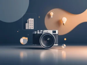 Moderne camera omringd door geometrische iconen van kantoorgebouwen, lightbulbs en portfolio frames in blauw en goud