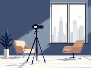 Camera op statief in modern kantoor met grote ramen en stadsgezicht, minimalistische illustratie in blauw en grijs