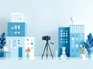Professionele camera op statief in minimalistisch kantoor met geometrische blokken in blauw en wit tinten