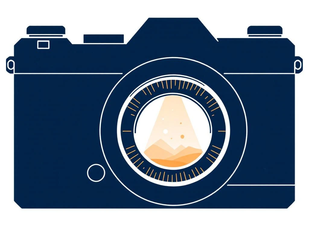 Minimalistische camera silhouet in donkerblauw met gouden lichtstraal en geometrische vormen op witte achtergrond