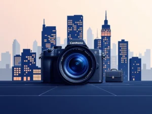 Camera lens met geometrische bedrijfsgebouwen en zakelijke pictogrammen in blauw-grijze tinten, minimalistische stijl