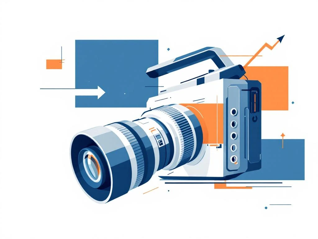 Moderne camera in minimalistische stijl met geometrische lijnen op witte achtergrond, geschikt voor nieuwsfotografie