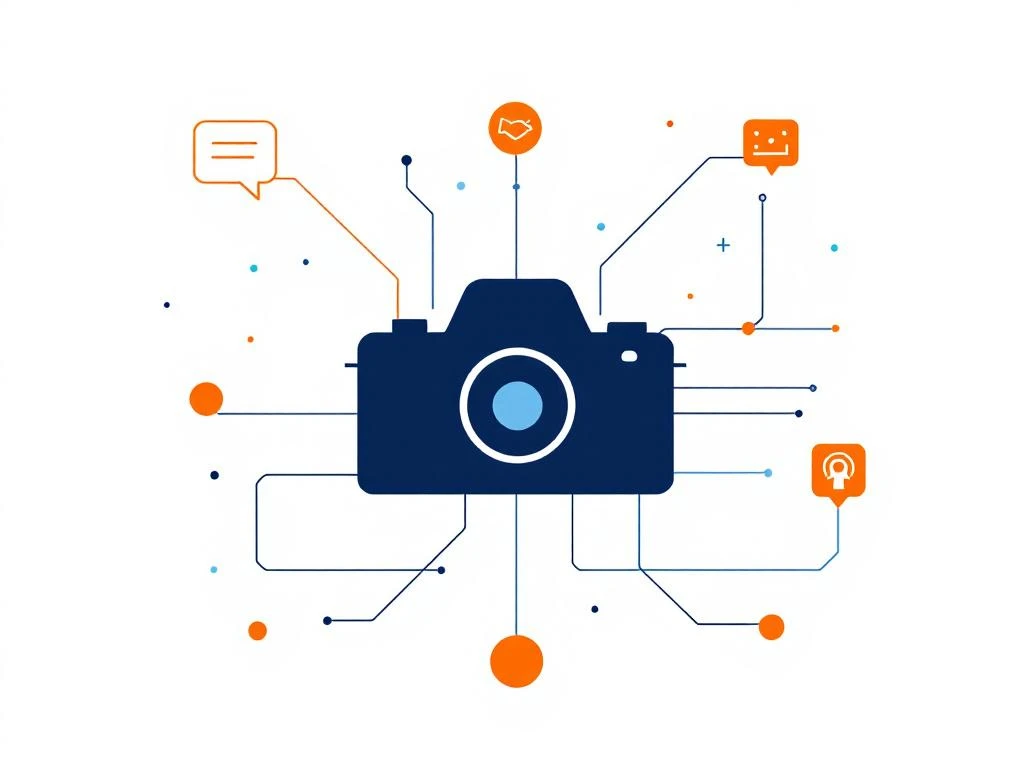 Camera-silhouet in het midden verbonden met netwerkpictogrammen door geometrische lijnen op witte achtergrond