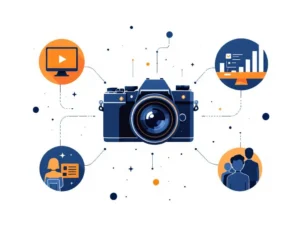 Camera met geometrische lijnen verbonden aan nieuwsredactie-iconen: monitor, notitieblok en communicatiesymbolen