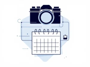 Camera silhouet boven kalenderraster met gemarkeerde datum, verbonden door lijnen, minimalistische blauwe en grijze tinten