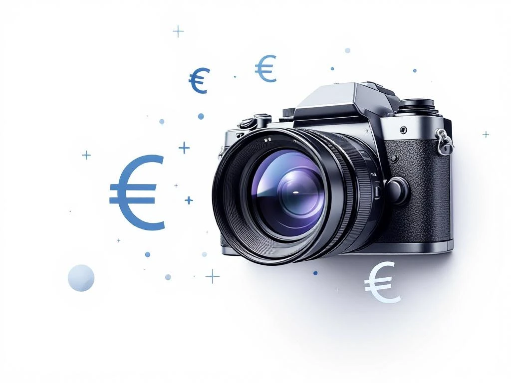 Professionele camera in het midden omringd door euro-symbolen op witte achtergrond, minimalistisch ontwerp