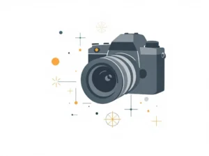 Moderne camera silhouet in grijs met geometrische elementen op witte achtergrond voor professionele fotografie branding