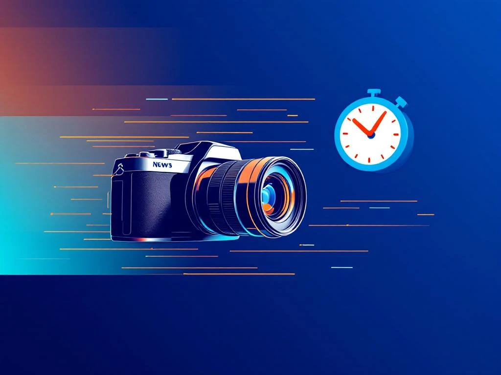 Camera met bewegingslijnen en stopwatch op gradiënt achtergrond, symboliseert snelheid in nieuwsfotografie