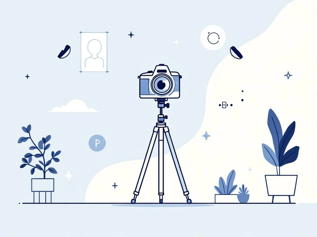 Minimalistische camera op statief omringd door werkplekelementen zoals bureau, monitor en plant in zachte blauwtinten