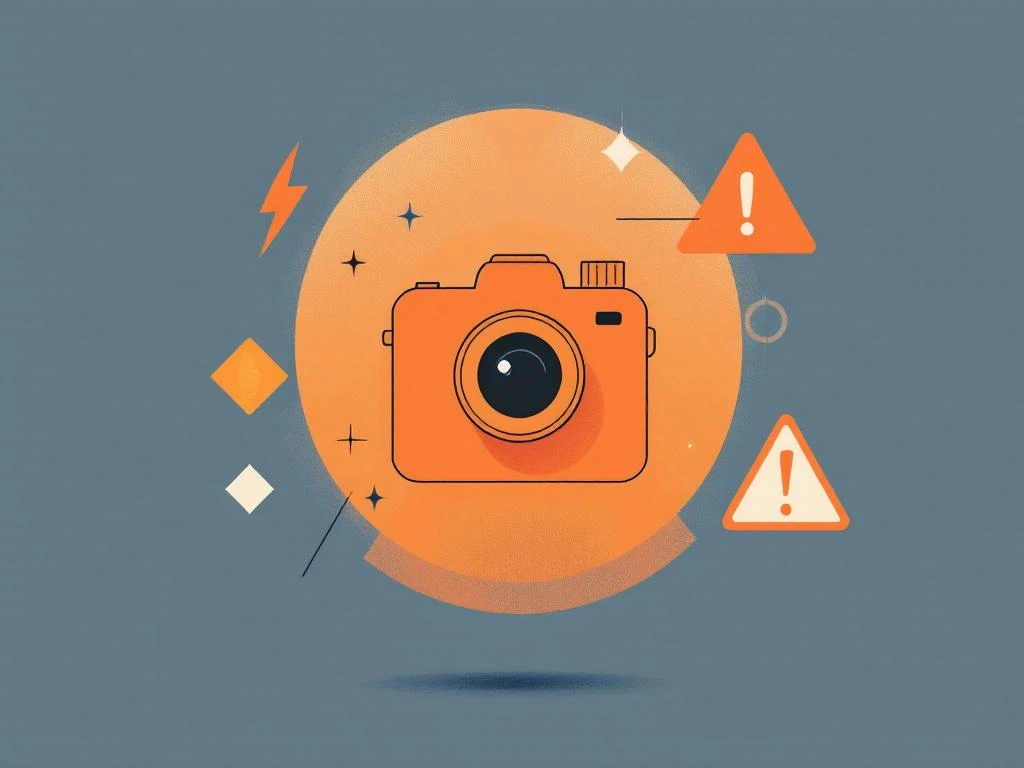 Camera silhouet met geometrische waarschuwingssymbolen en veiligheidspictogrammen in minimalistische stijl