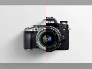 Professionele DSLR-camera naast basiscamera op witte achtergrond, toont verschil in kwaliteit en functies
