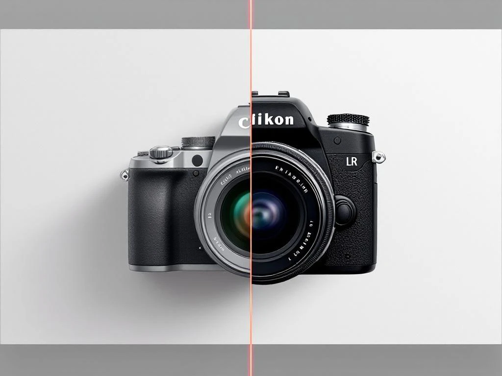 Professionele DSLR-camera naast basiscamera op witte achtergrond, toont verschil in kwaliteit en functies