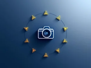 Geometrische camera-icoon omringd door negen waarschuwingsdriehoeken in navy, amber en wit op gradiënt achtergrond
