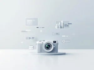 Digitale camera met resolutie-indicatoren en zakelijke pictogrammen op lichtblauwe achtergrond, minimalistisch ontwerp