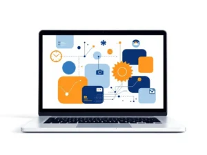 Laptop met geometrische vormen op scherm en zwevende camera-iconen, verbonden door lijnen in blauw en oranje tinten