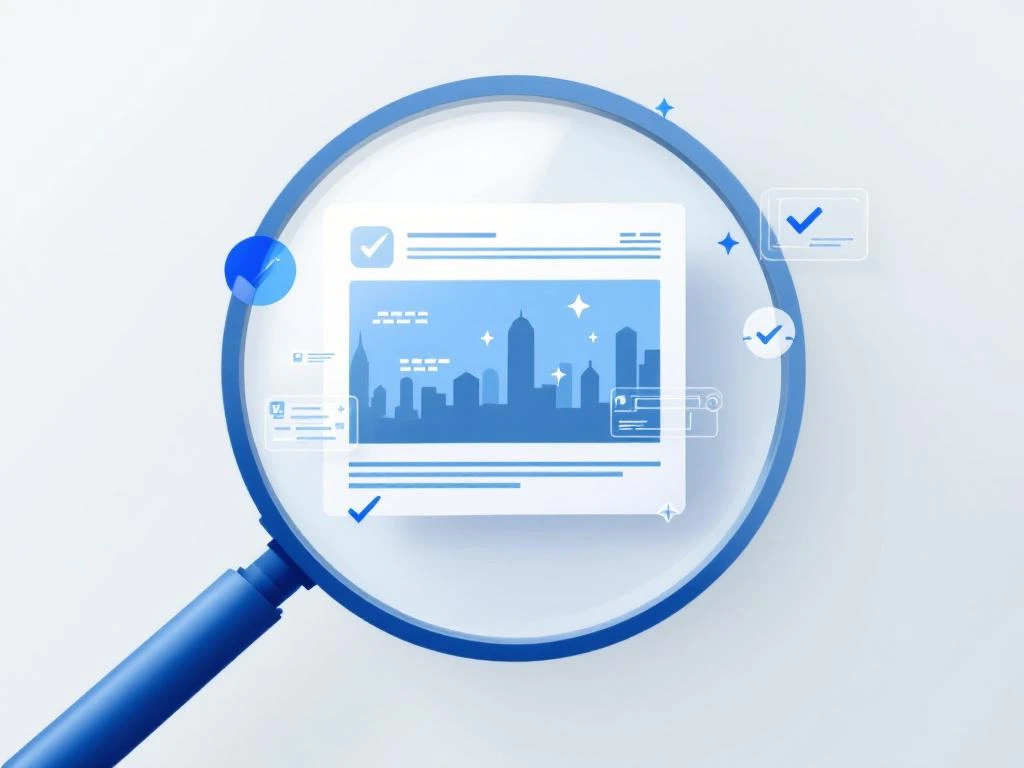 Vergrootglas over nieuwsfoto met digitale verificatie-checkmarks en authenticatiesymbolen in blauw-witte minimalistische stijl