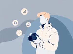 Minimalistische illustratie van fotograaf met camera omringd door zes pictogrammen voor merkversterking op blauwe achtergrond