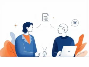 Minimalistische illustratie van fotograaf en klant in gesprek met camera-icoon en merkrichtlijnen in blauw-wit design