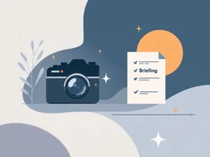 Camera-icoon en documentensymbool in minimalistische compositie met blauwe en grijze tinten op neutrale achtergrond