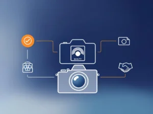 Minimalistische camera-illustratie met kwaliteitscheck, portfolio en handdruk iconen in marineblauw en oranje