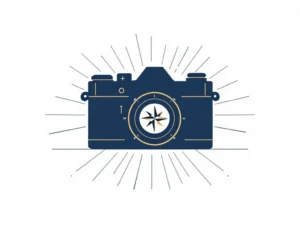 Vintage camera silhouet in marineblauw met gouden weegschaal symbool, geometrische lijnen en kompasroos op witte achtergrond