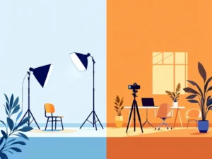 Split-screen vergelijking van geposeerde fotografie met stoel in studio versus natuurlijke kantooromgeving, gescheiden door geometrische lijn