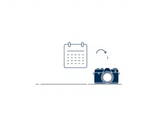 Kalender icoon en camera silhouet met gebogen pijl, minimalistisch ontwerp in blauwtinten op witte achtergrond