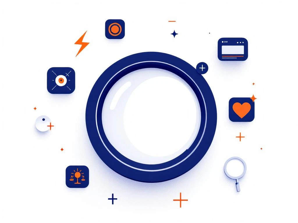 Camera zoeker omringd door zeven pictogrammen voor fotografie-kwaliteiten op witte achtergrond met blauwe en oranje accenten