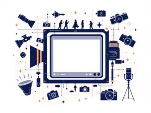 Camera zoeker met sterren en vinkjes, professionele fotoapparatuur silhouetten op navy achtergrond met gouden accenten