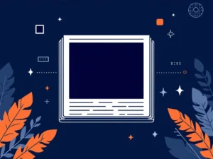Minimalistische illustratie van geometrisch fotoframe met camera-elementen en informatiesymbolen in blauw en oranje